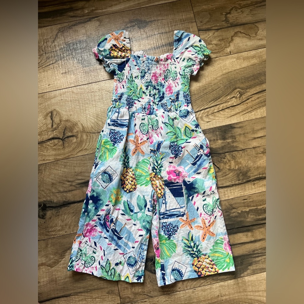 Gymboree Girls Smocked Jumpsuit- Bon Voyage print